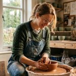 Woman in green jumper and overalls crafting pottery on a wheel in a sunlit studio.