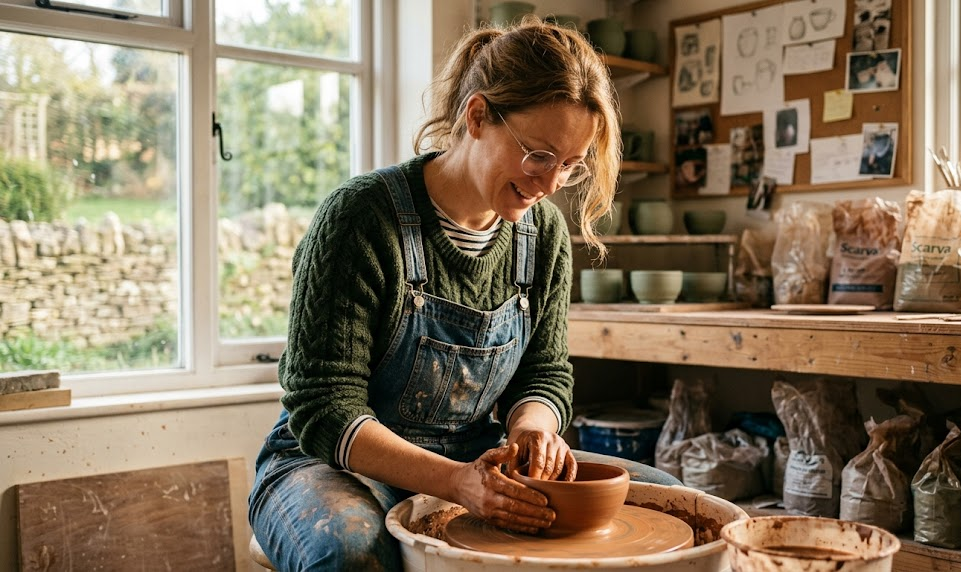 Woman in green jumper and overalls crafting pottery on a wheel in a sunlit studio.
